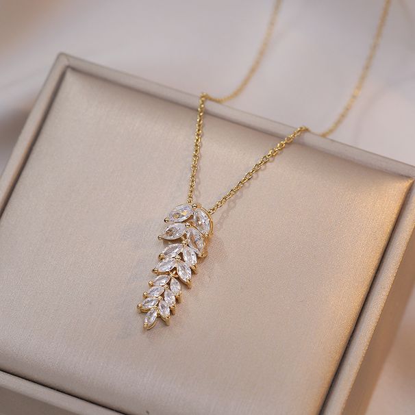 Necklace Women's New Gold Branches, Jade Leaves, Fashionable and Simple Temperament, Super Immortal Inlaid with Zirconia, Exquisite and Colorless_ipsvogv.com