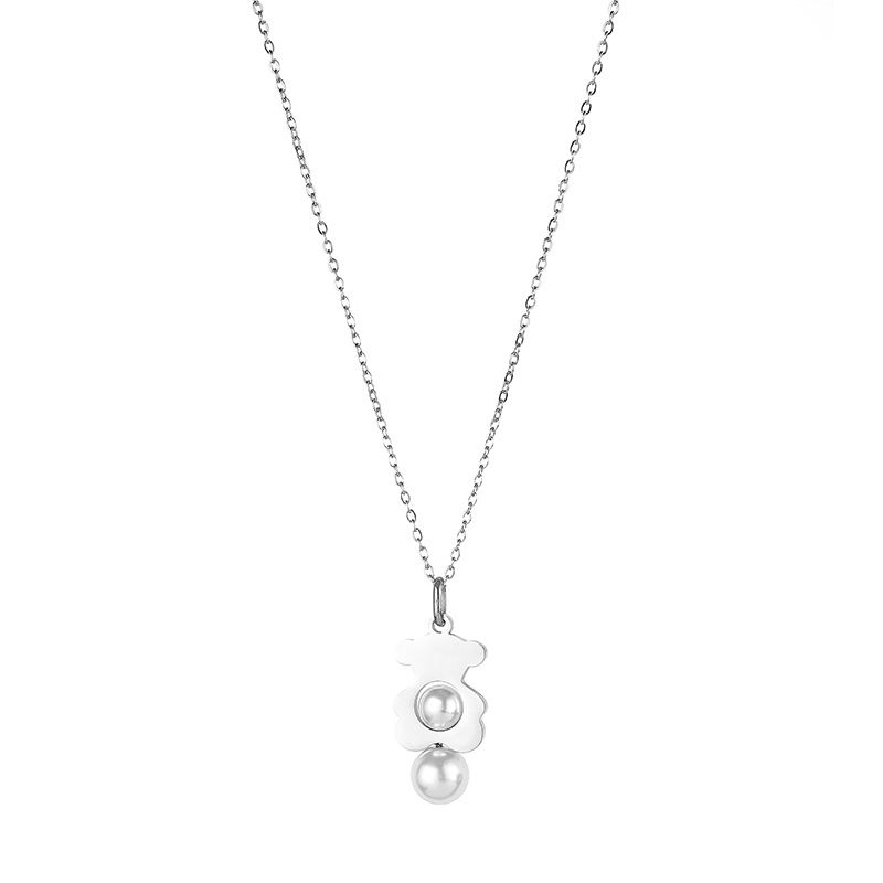 304 Stainless Steel Bear Necklace Black And White Double Beads Women's Stainless Steel Bear Earrings_ipsvogv.com