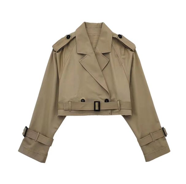 New women's European and American style belted long sleeved short casual windbreaker jacket_ipsvogv.com