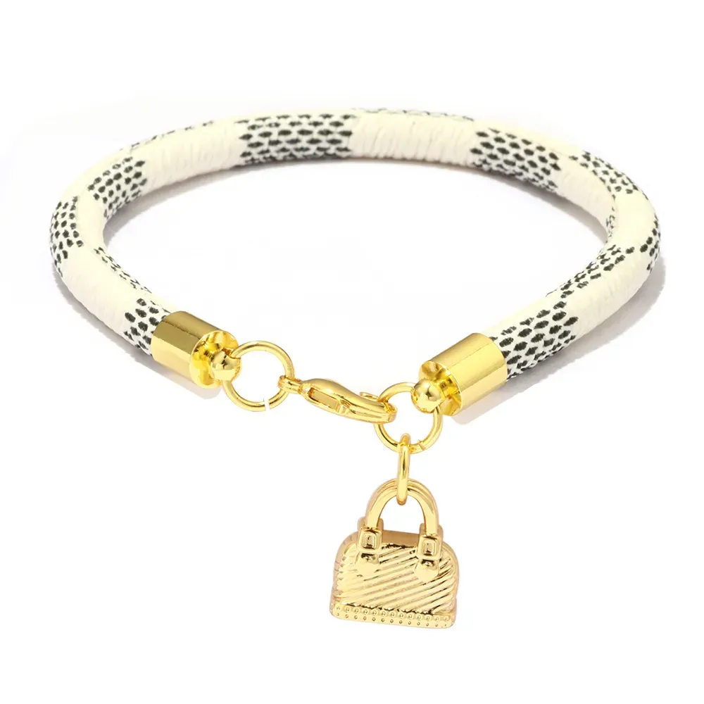 Brand Leather Charm Bracelets For Women Plaid PU Real Gold Plated Heart Bag Pendant Lobster Clasp Design Bangle Fashion_ipsvogv.com
