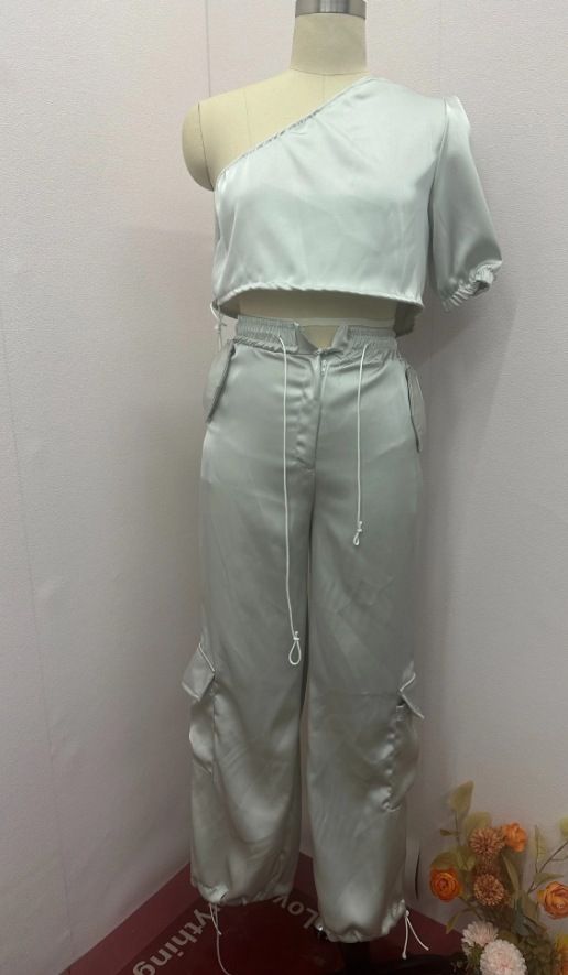 Women's Clothing Summer New Fashion Slant Collar Raglan Sleeve Top Casual Style Trousers Two piece Set_ipsvogv.com