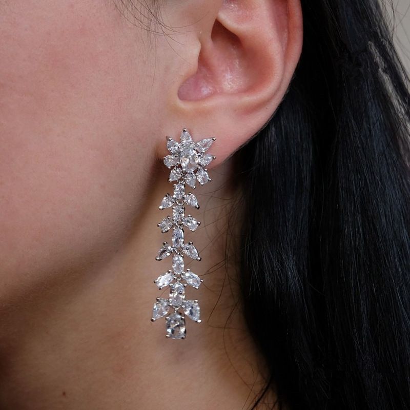 Cao Shi's Diamond Leaf Tassel Earrings and Ins Style Long Grain Zircon Earrings Romantic Wedding Jewelry_ipsvogv.com