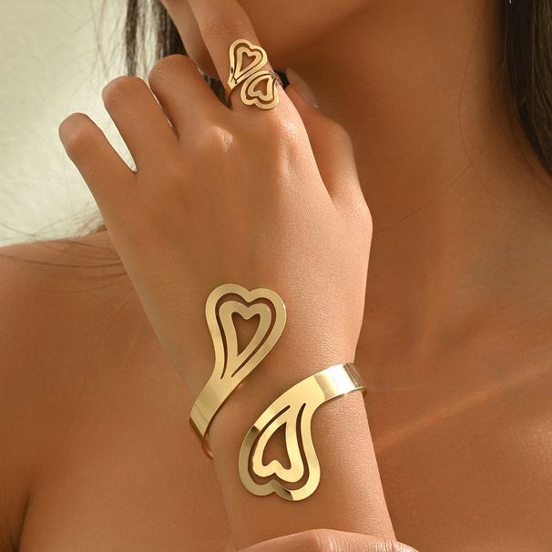 Heart Design Bracelet & Open Ring Set For Women - Gold/Silver Plated Dainty Jewelry, Adjustable Stackable Bracelet_ipsvogv.com