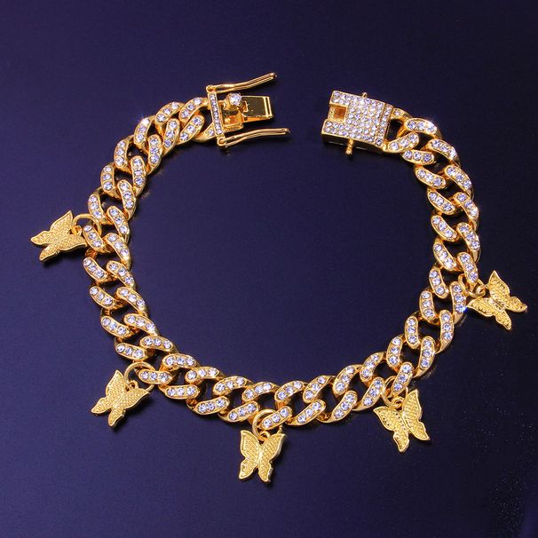Micro-inlaid full-diamond butterfly Cuban anklet popular butterfly element pendant anklet 12mm Cuban chain_ipsvogv.com