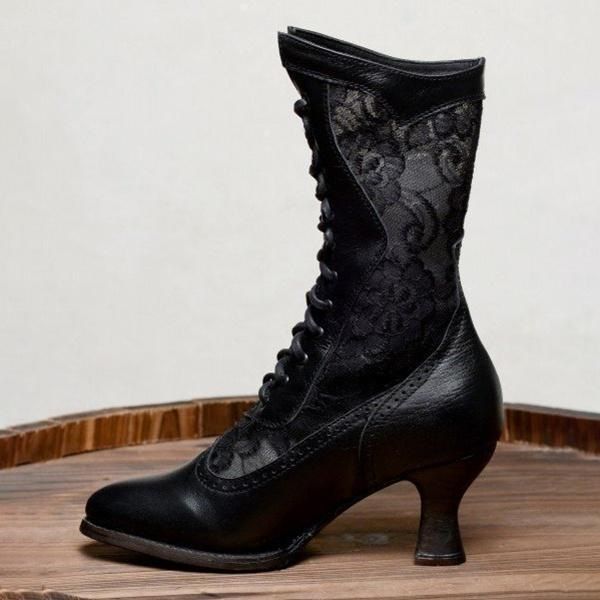 Women's Shoes autumn and winter new British style lace splicing front lace up pointed toe mid heel women's boots_ipsvogv.com