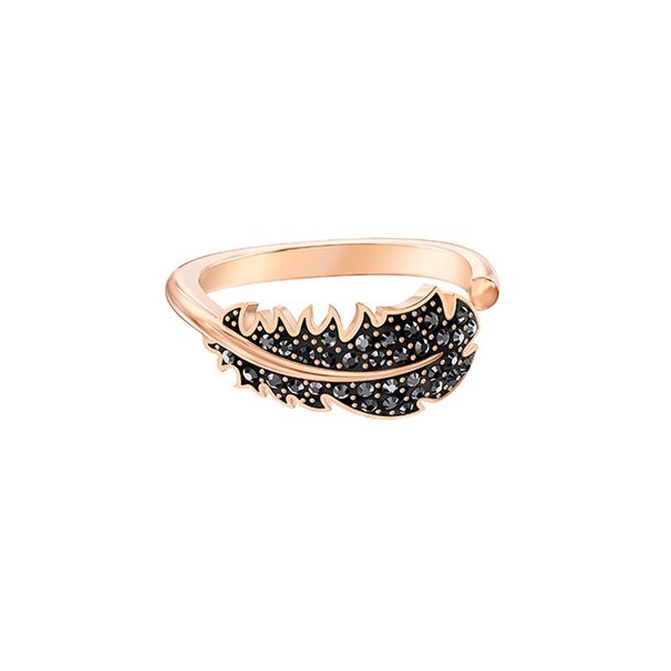 Rose Gold Black Feather Ring Female Element Crystal Ring_ipsvogv.com