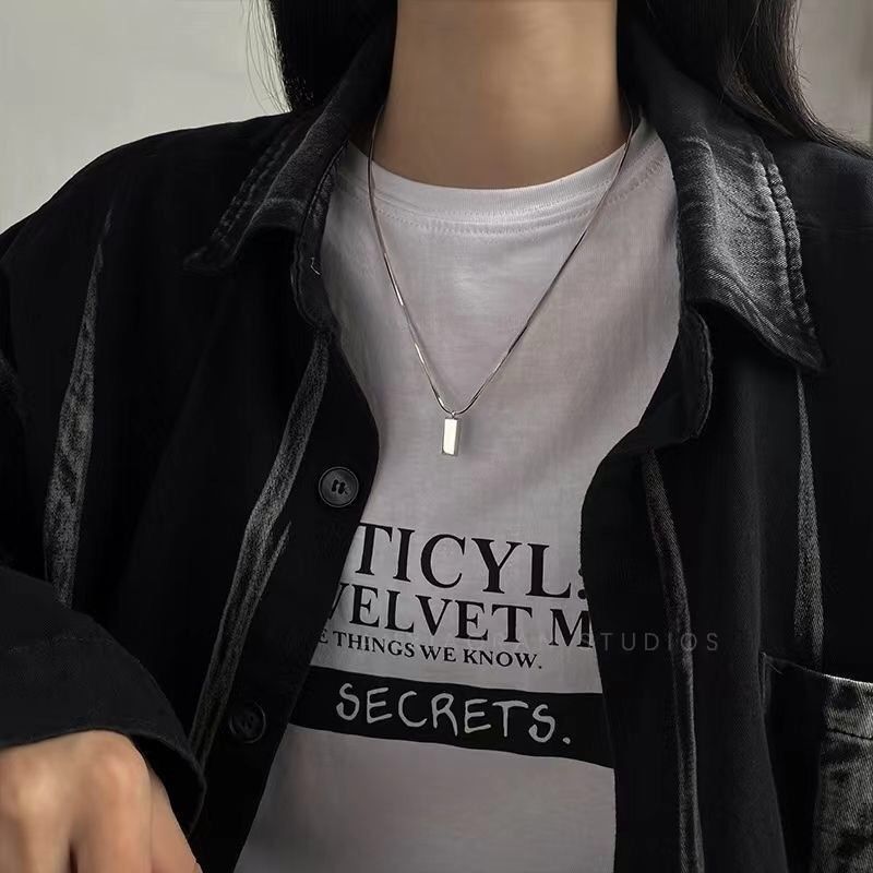 simple small gold bricks and small silver bricks titanium steel necklace jewelry high end niche sweater chain pendant single pendant_ipsvogv.com