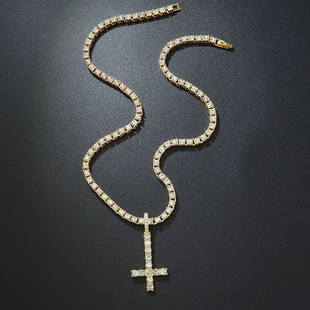 Unique Full Inverted Cross Necklace Hip Hop Rap Versatile Inlaid Diamond Pendant Tennis Chain Choker_ipsvogv.com