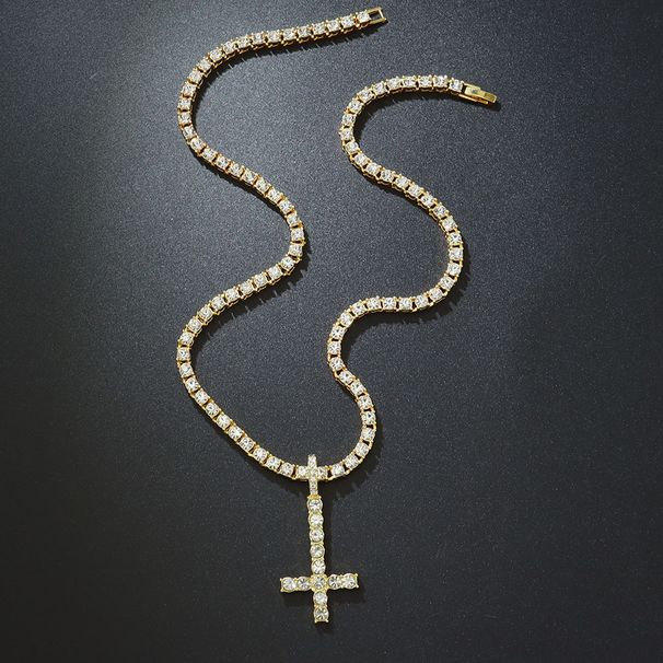 Unique Full Inverted Cross Necklace Hip Hop Rap Versatile Inlaid Diamond Pendant Tennis Chain Choker_ipsvogv.com