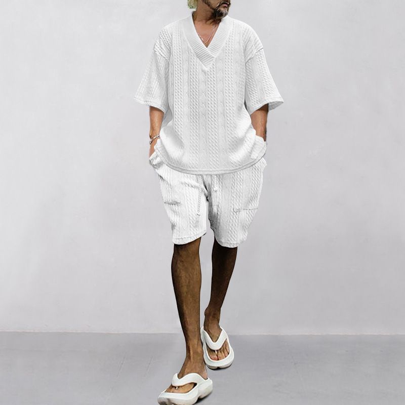 2024 Casual Jacquard Summer Loose Short sleeved T-shirt Shorts V-neck Sports Two piece Set for Men_ipsvogv.com