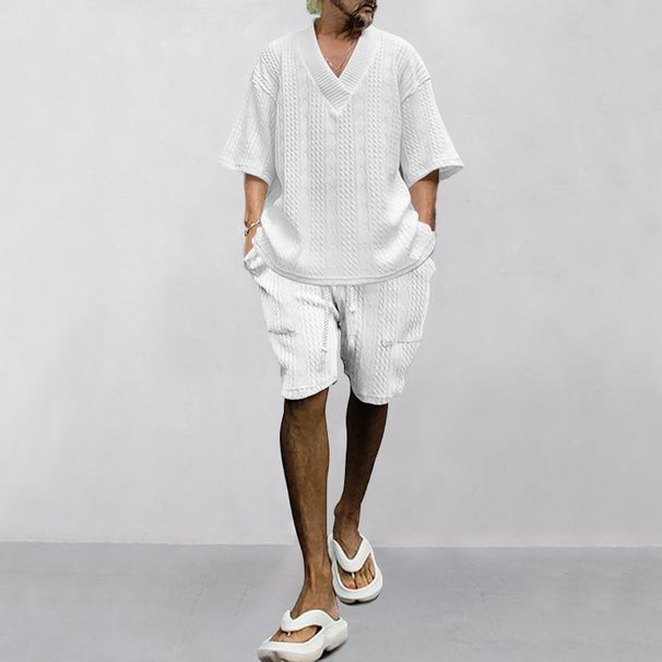 2024 Casual Jacquard Summer Loose Short sleeved T-shirt Shorts V-neck Sports Two piece Set for Men_ipsvogv.com