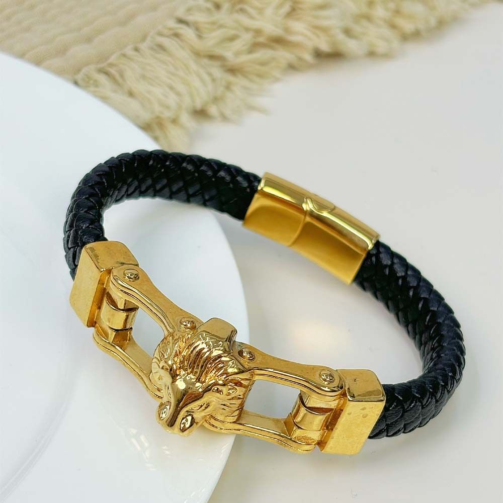 Fashion Stainless Steel Animal Series Creative Lion Head Leather Woven Bracelet Men's Jewelry_ipsvogv.com