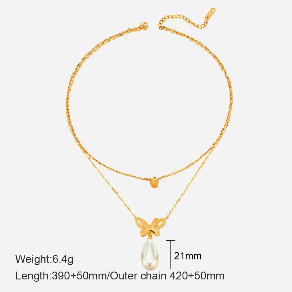 14K Gold Plated Double Layer Butterfly Necklace - Pearl Pendant Stainless Steel Clavicle Chain For Women_ipsvogv.com