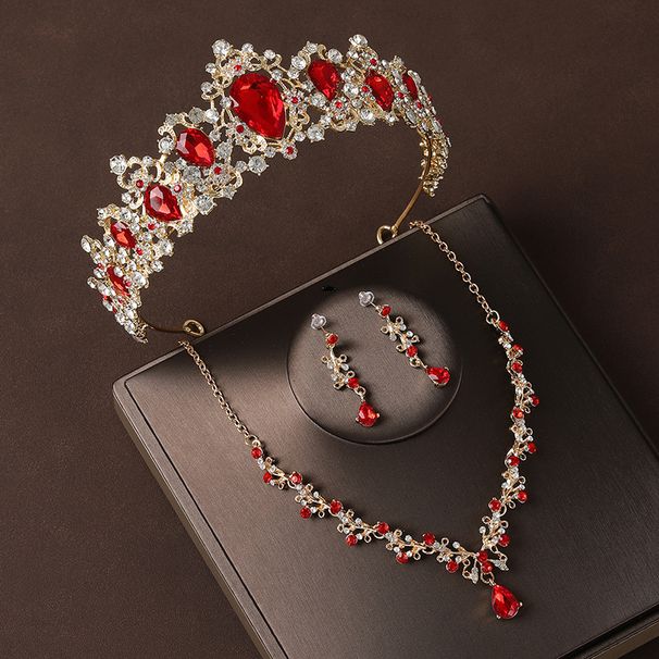 Crown headdress three piece set high end atmospheric red diamond birthday crown necklace earrings bride wedding dress evening dress jewelry_ipsvogv.com