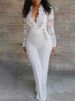Women's sexy deep v white see-through lace splicing jumpsuit _ipsvogv.com