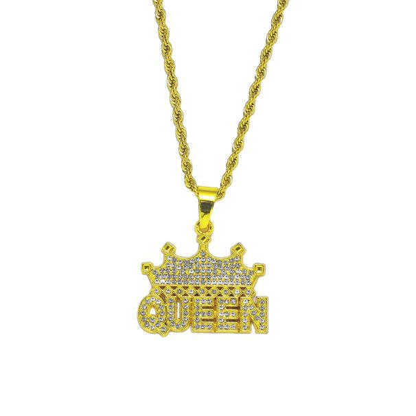 Full Diamond Crown Letter QUEEN Gold Plated Pendant Hip Hop Titanium Steel Necklace Punk Style Men's Accessories_ipsvogv.com