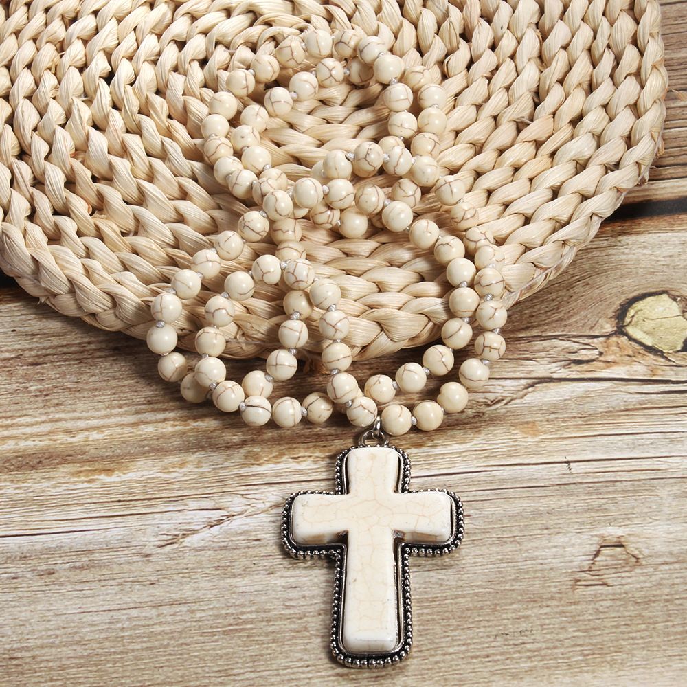 New Fashion Bohemian Prayer 8mm Turquoise Knot Cross Pendant Necklace Sweater Chain_ipsvogv.com