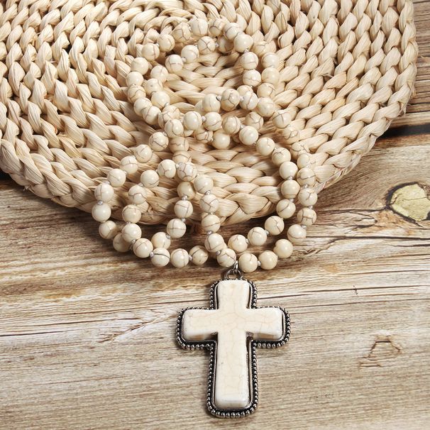 New Fashion Bohemian Prayer 8mm Turquoise Knot Cross Pendant Necklace Sweater Chain_ipsvogv.com