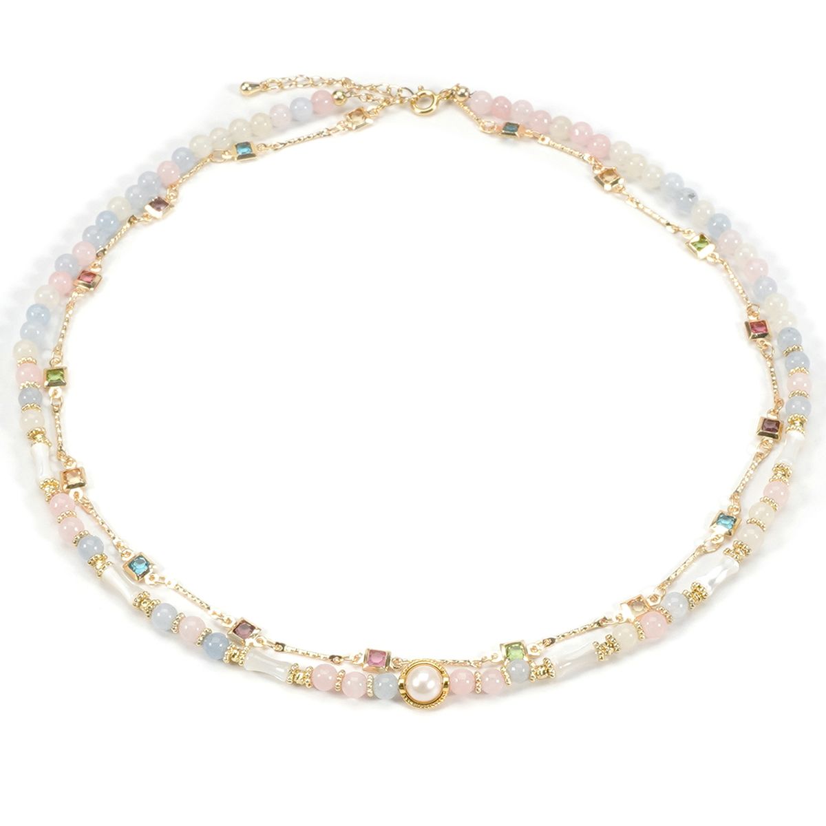 Freshwater Pearl Shell Powder Mixed Color Natural Stone Necklace Double Layer Color Zirconium Metal Chain_ipsvogv.com