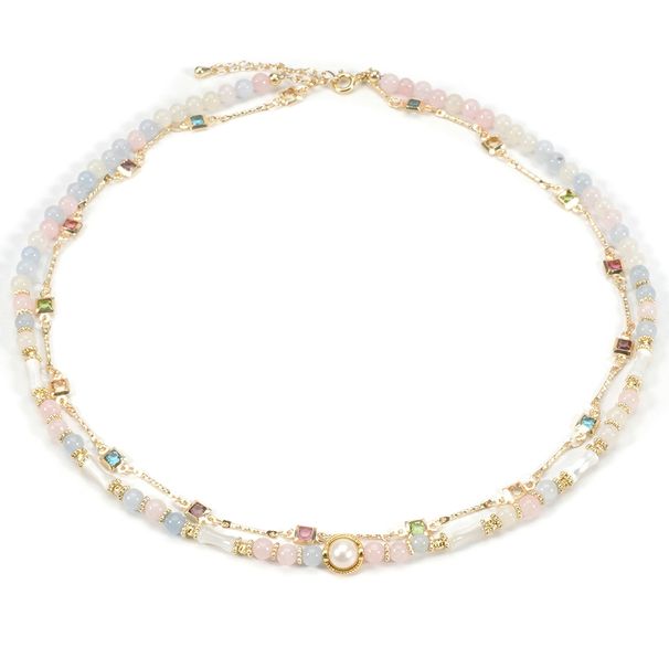 Freshwater Pearl Shell Powder Mixed Color Natural Stone Necklace Double Layer Color Zirconium Metal Chain_ipsvogv.com