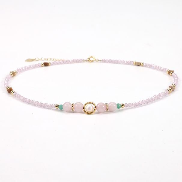 Freshwater Pearl Powder Crystal Round Beads 3 cm Pink Crystal Zircon Necklace Female Adjustable_ipsvogv.com