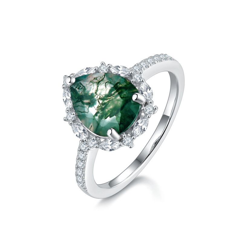S925 silver natural water grass agate ring water drop green moss finger ring light luxury fashion_ipsvogv.com