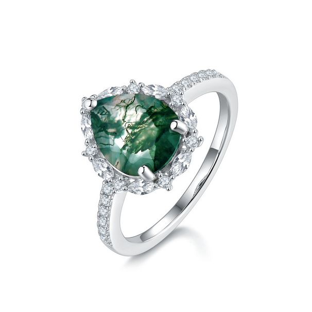 S925 silver natural water grass agate ring water drop green moss finger ring light luxury fashion_ipsvogv.com