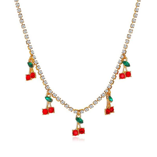 Rhinestone Hip Hop Tennis Chain Cherry Pendant Choker Fresh Single Row Micro Paved Full Diamond Necklace_ipsvogv.com