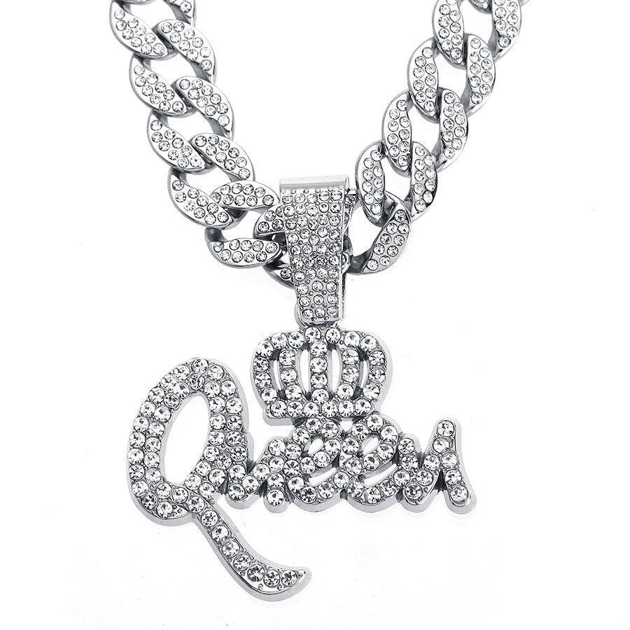 Hot Selling New Product Hip Hop Alloy Full Diamond Crown Queen Pendant Men's Cuban Chain Jewelry_ipsvogv.com
