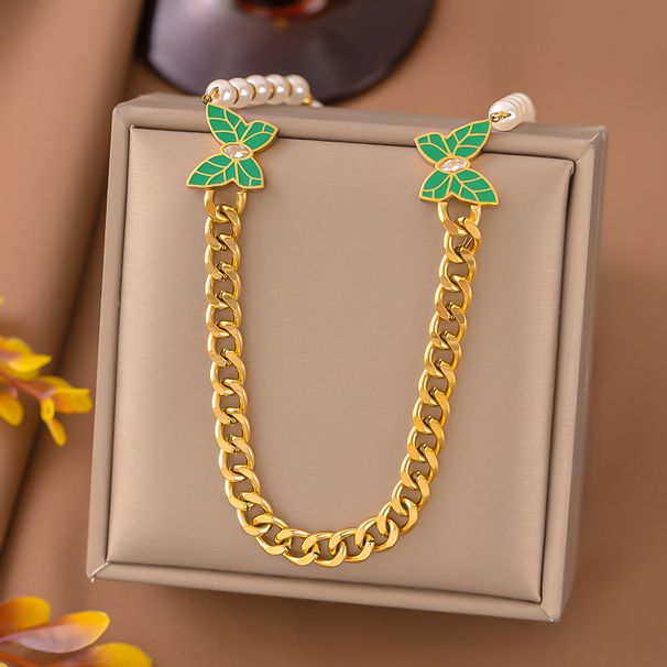 Elegant Pearl Collarbone Chain, Green Leaf Pattern, Diamond Inlaid Butterfly Jewelry, Thick Nec, Titanium Steel_ipsvogv.com