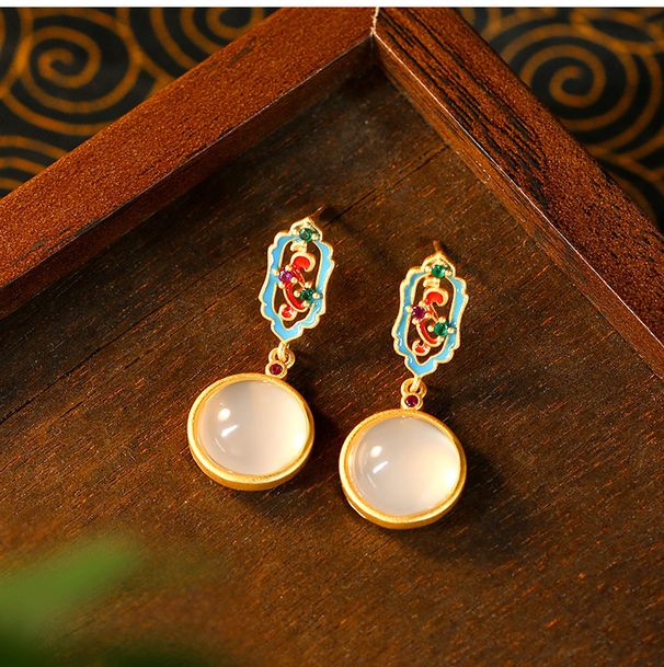 New Chinese style enamel glaze inlaid with natural chalcedony round and silver needles, high-end feeling, light luxury_ipsvogv.com