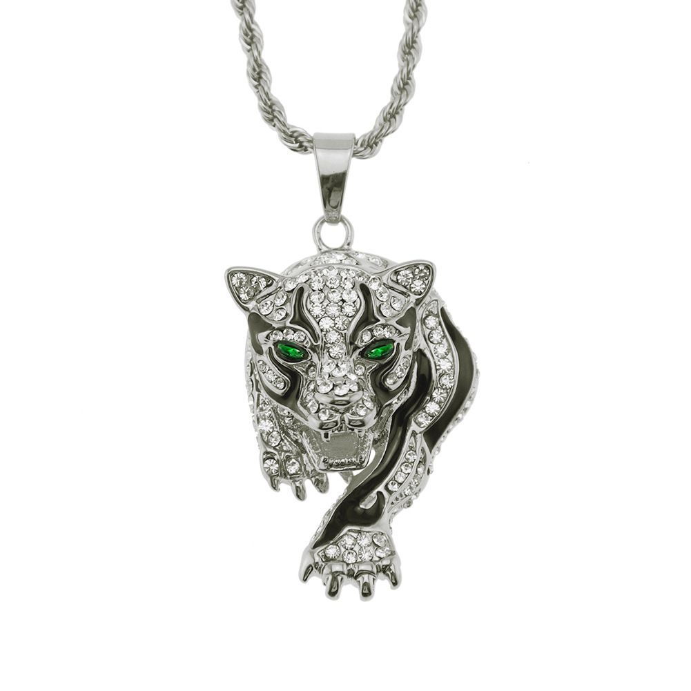 Hot selling hip-hop jewelry set with diamonds, green eyes, tiger head men's pendant, necklace, and pendant_ipsvogv.com