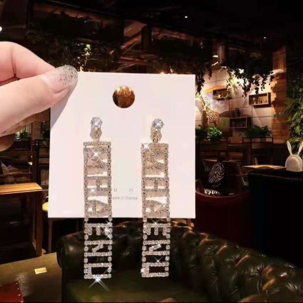New Rectangular Diamond Letter Rhinestone Long Earrings Nightclub Atmosphere Fashionable Earrings_ipsvogv.com