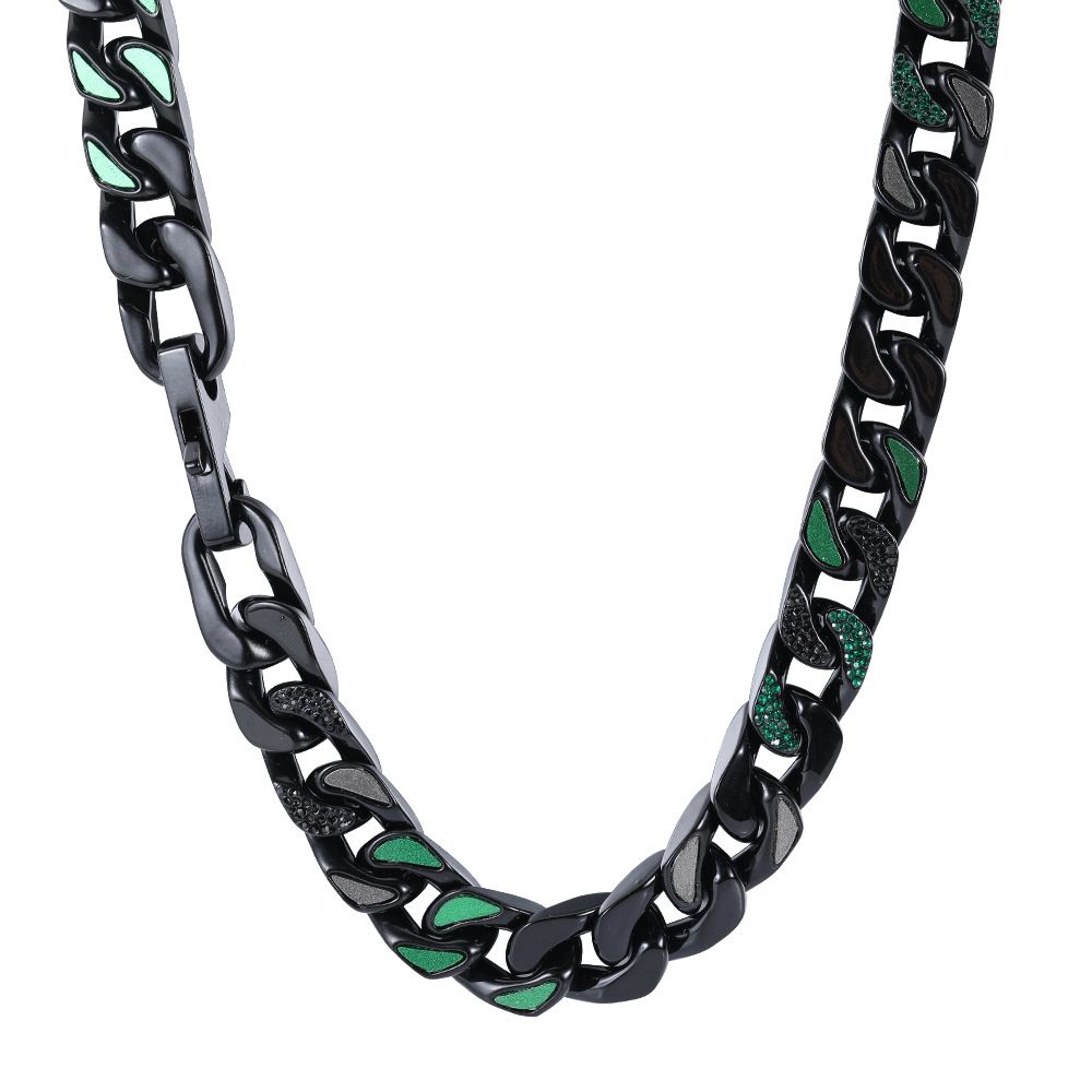 Men's Jewelry Necklace Jewelry Green Ghost Diamond Necklace Versatile Titanium Steel Cuban Chain Hip Hop Jewelry_ipsvogv.com