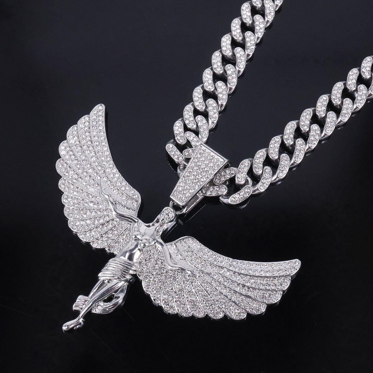Unisex New Goddess Angel Wings Alloy Pendant Men's Full Diamond Rap Hip Hop Necklace_ipsvogv.com