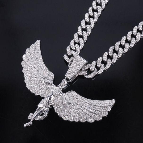 Unisex New Goddess Angel Wings Alloy Pendant Men's Full Diamond Rap Hip Hop Necklace_ipsvogv.com