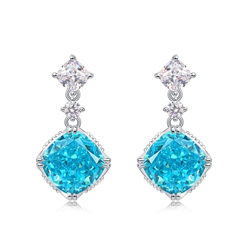 Shallow sea blue ice flower cut high carbon diamond earrings S925 silver claw inlaid colored gemstone earrings simple light luxury_ipsvogv.com