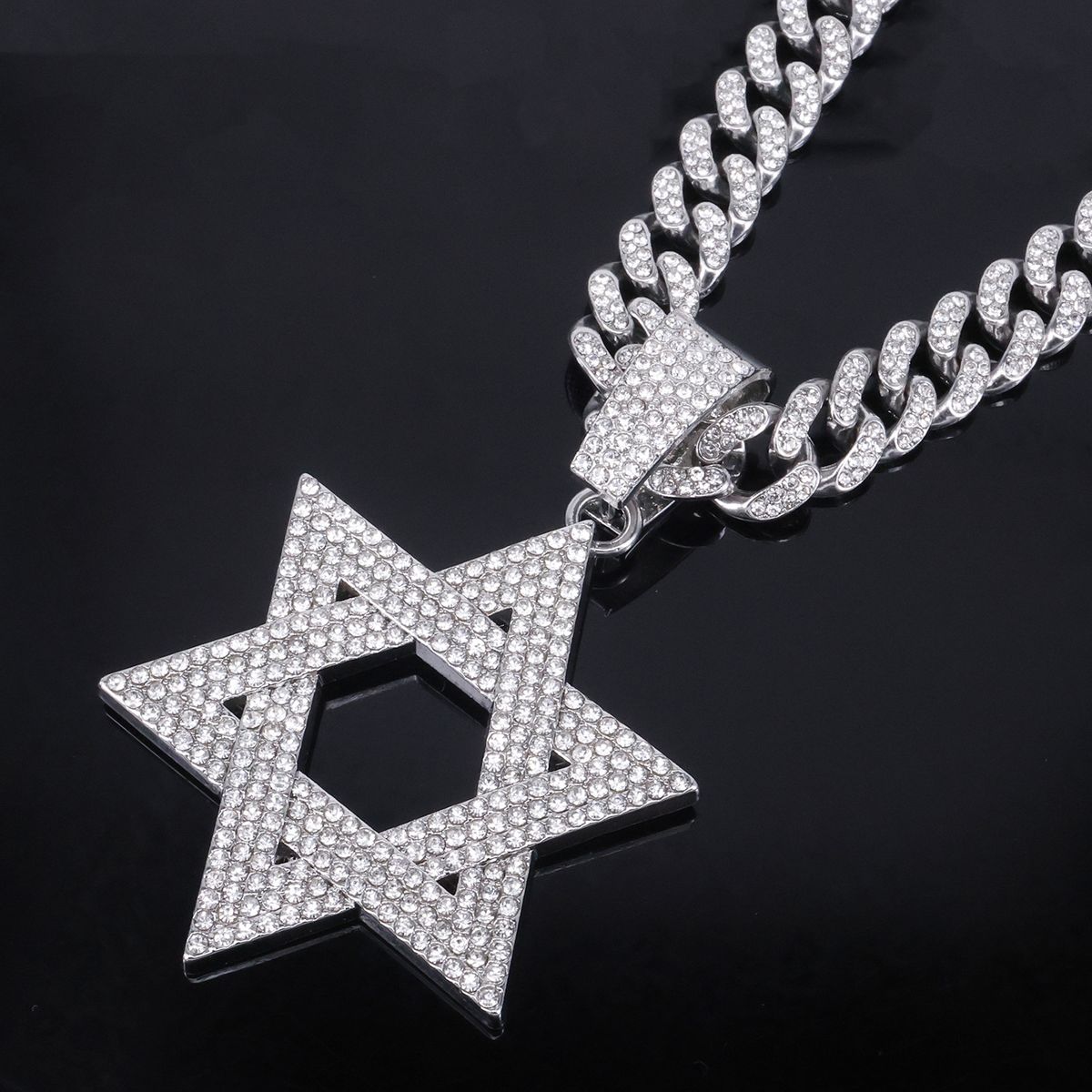 Unisex Rap Full Diamond Hollow Six Pointed Star Pendant David Star Hip Hop Jewelry Necklace_ipsvogv.com