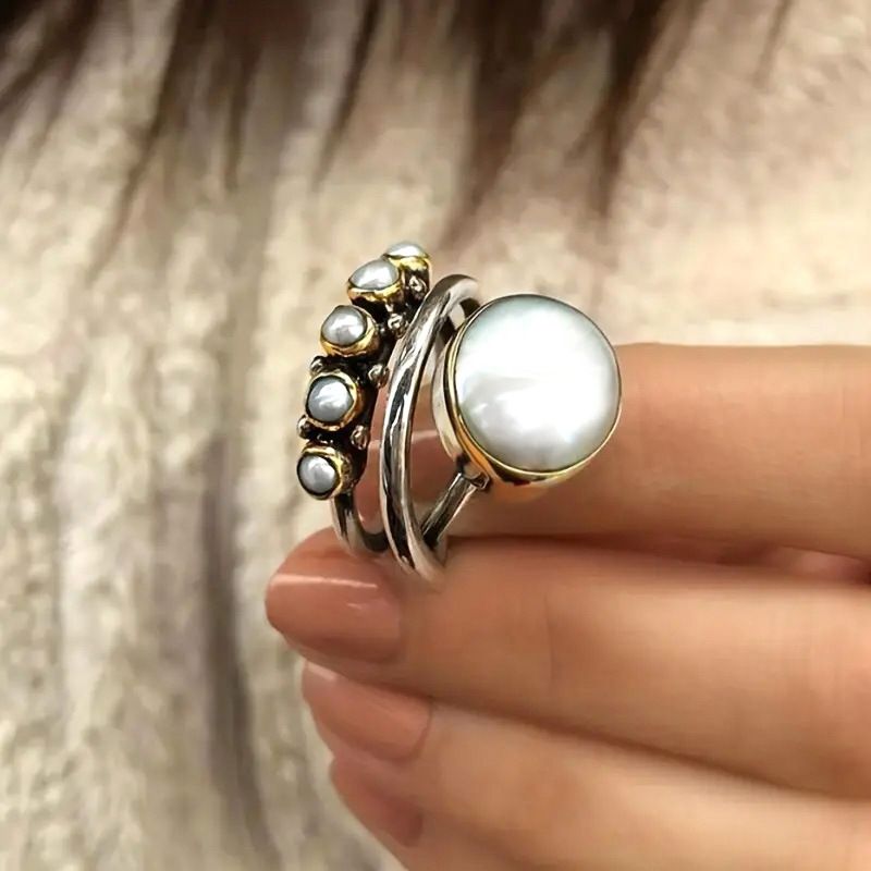 Cao Shi Fashion Thai Silver Vintage Round Three Layer Cross Pearl Ring_ipsvogv.com