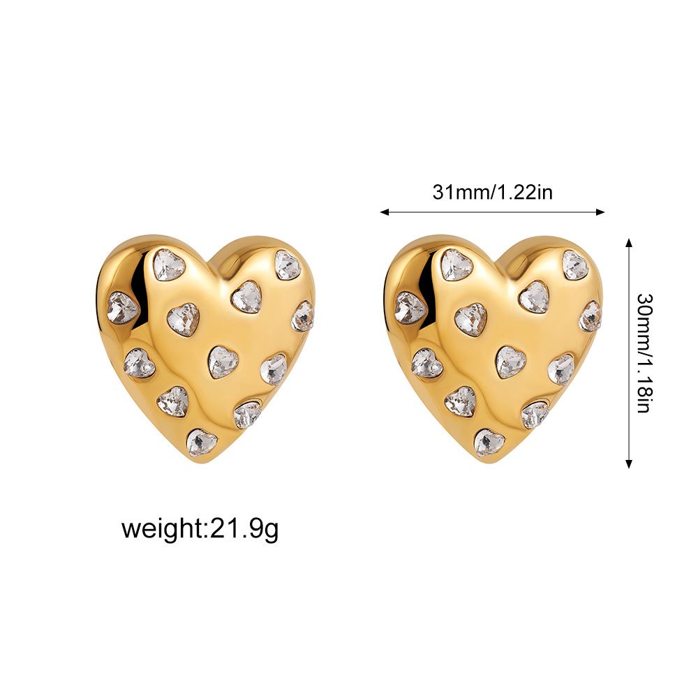 Unisex Simple And Versatile Stainless Steel Plated Gold Diamond Heart Shaped Zircon Earrings_ipsvogv.com