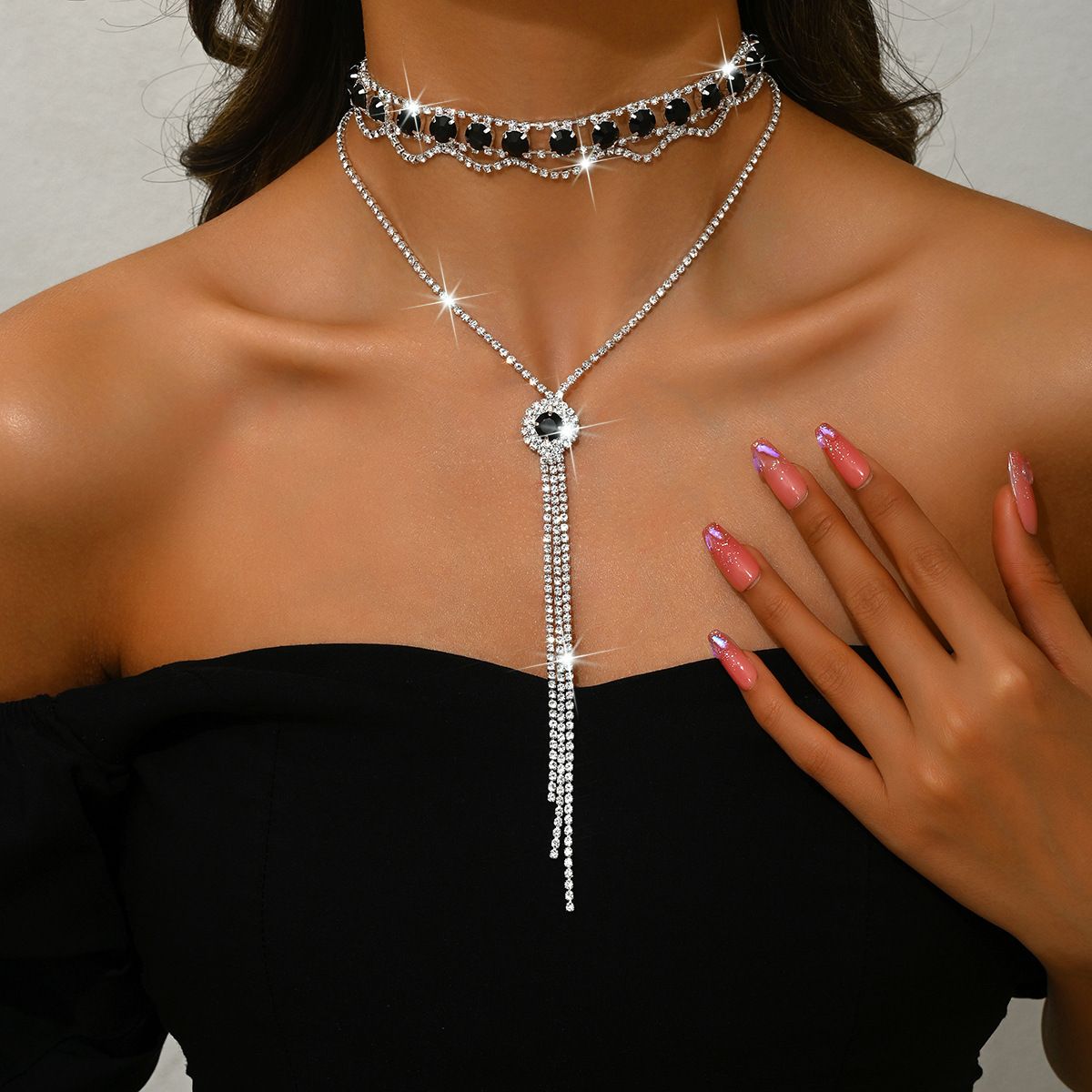 Double Layer Y-Shaped Clavicle Chain - Full Diamond Necklace For Women_ipsvogv.com