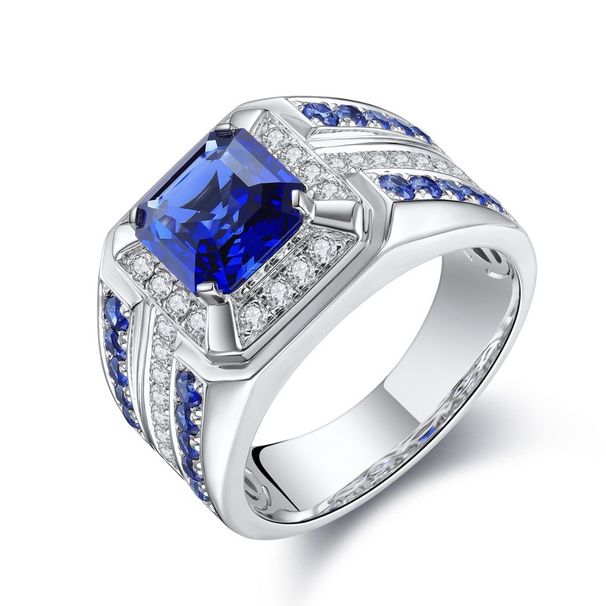 Sanjie's New Full Silver Alloy Inlaid With Blue Square Diamond Zircon Trendy Men's Ring_ipsvogv.com