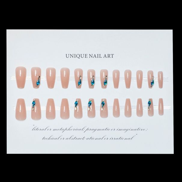Long Nude Peacock Blue Diamond Nail Polish Wearing Armor Cool and Cool Temperament Nail Polish Piece Finished Product_ipsvogv.com