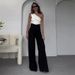 Women's Clothing fashion solid color oblique collar slim fit top high waist wide leg pants suit_ipsvogv.com