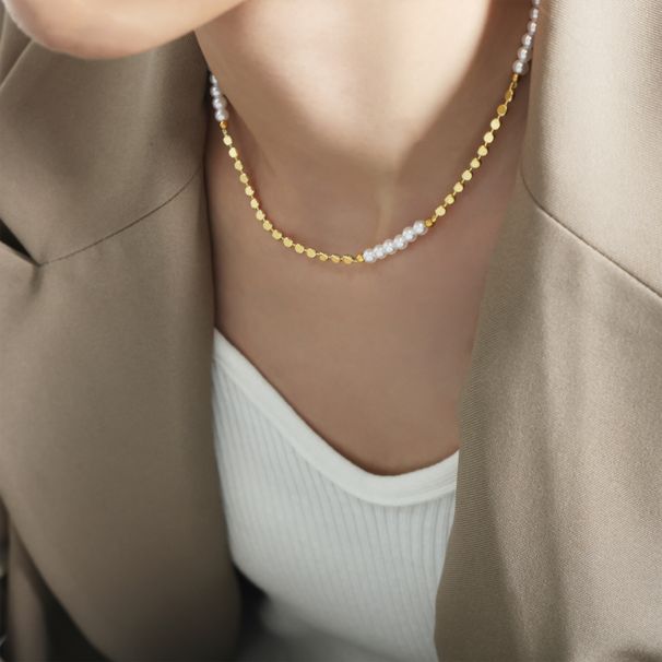 Minimalist Freshwater Pearls Combines Brass Lentil Beads For Women, Dainty Layering Jewelry,Adjustable Clavicle Necklace_ipsvogv.com