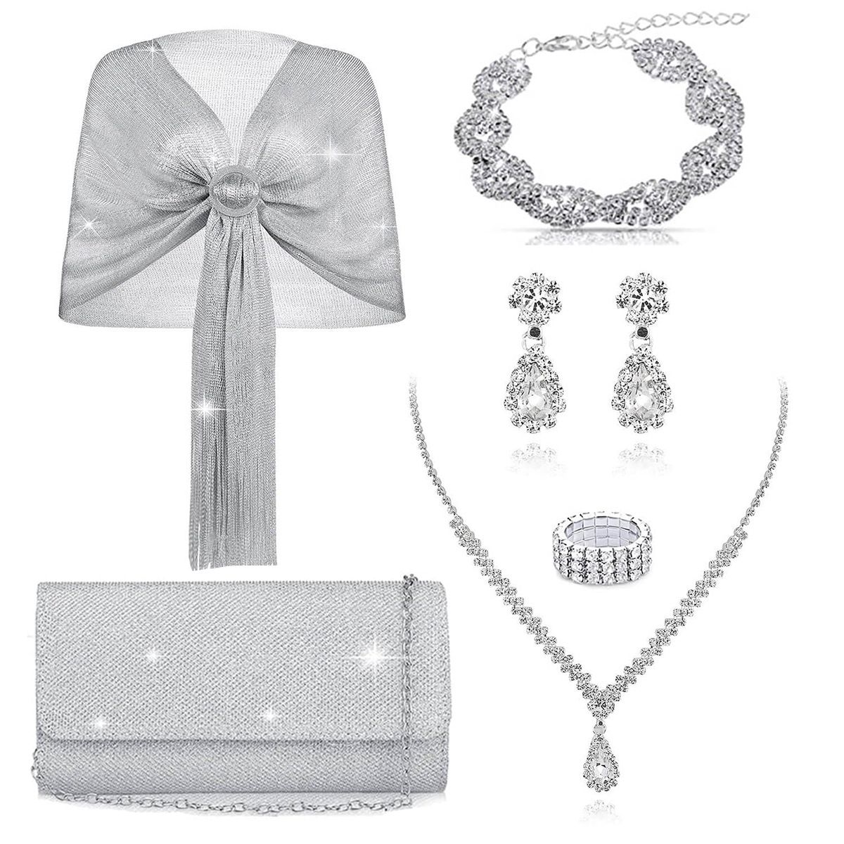 Silver shawl with diamonds and shiny evening bag full diamond tassel bracelet earrings necklace women's suit_ipsvogv.com