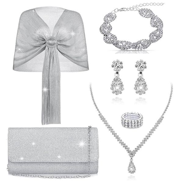 Silver shawl with diamonds and shiny evening bag full diamond tassel bracelet earrings necklace women's suit_ipsvogv.com