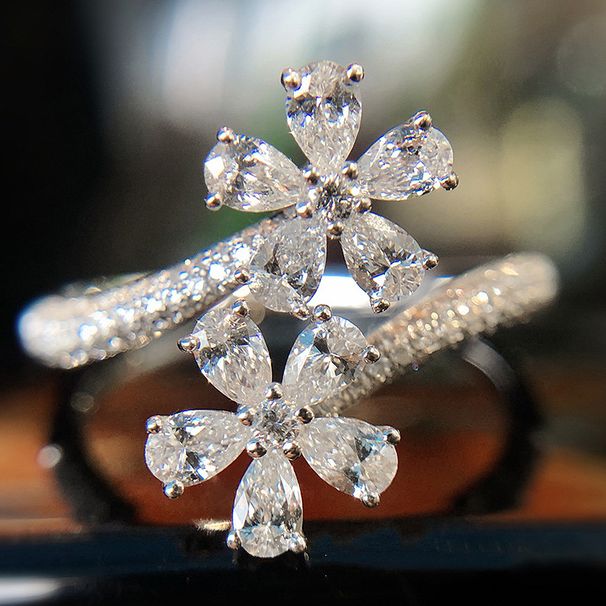 Cao Shi Fashion Women Celebrity Fairy Style Flower Water Drop Pear Shape Zircon Open Ring Female_ipsvogv.com