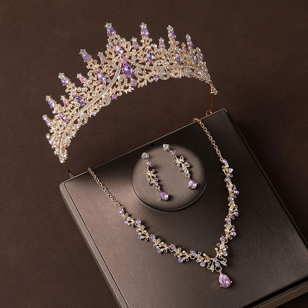 Crown headdress necklace earrings champagne vintage purple diamond birthday crown hair accessories bride wedding dress three piece suit_ipsvogv.com