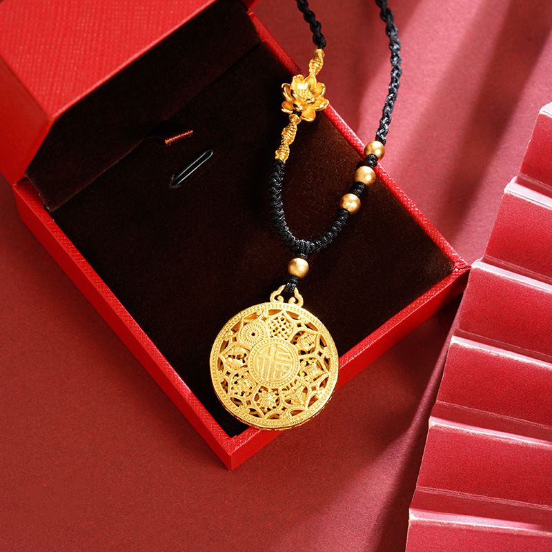 hollow Out Lucky Eight Treasure Compass Sand Gold Necklace For Women, Light Luxury And High-end Chinese Style Jewelry_ipsvogv.com